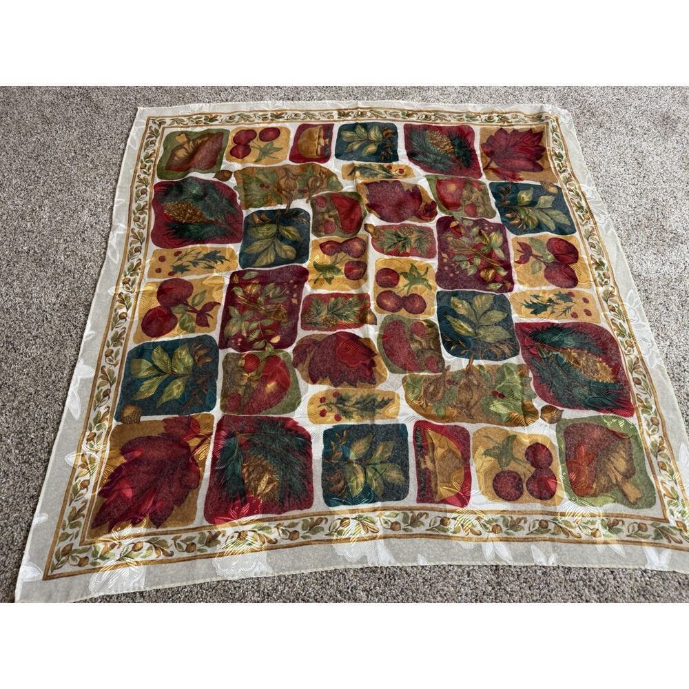 Basha Scarves Womens Leaves Mushrooms Cherry Green Red Satin Overlay VTG